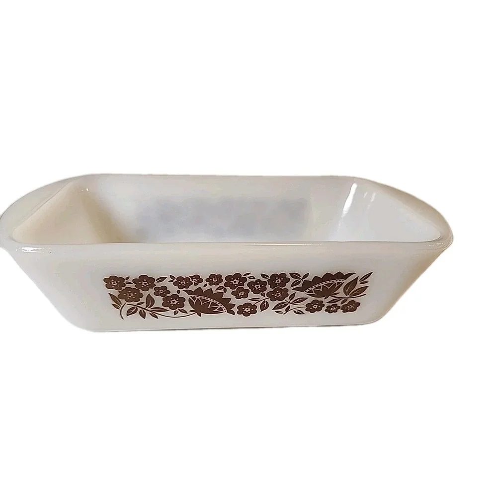 Vintage 3Pc Brown Floral Milk Glass Set Glasbake Bakerware Casserole, Loaf, Bake